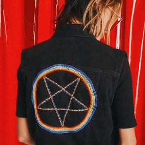 Hand Embroidered Rainbow Pentagram Denim Vest